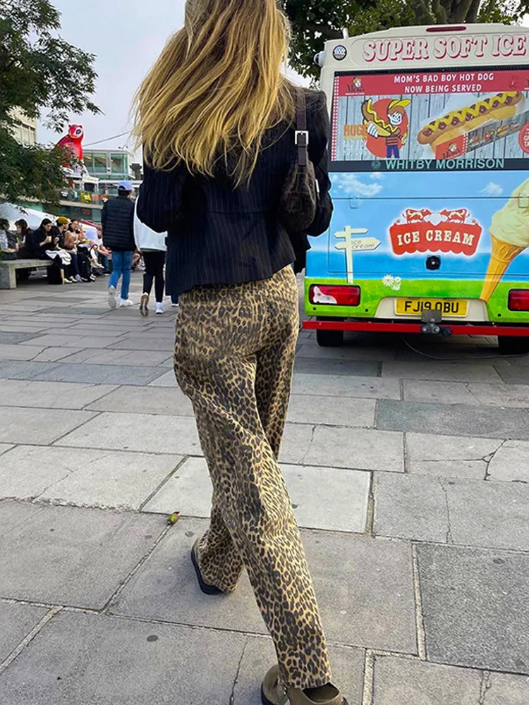 Y2k Leopard Pattern Womens Pants Spring Chic Loose High Waist Wide Leg Black Fashion Street Jean Trousers 240819