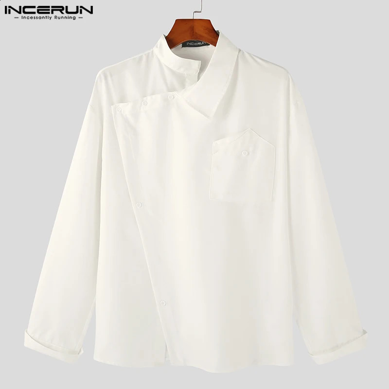Casual Simple Style Tops INCERUN Mens Diagonal Placket Solid Simple All-matcg Blouse Handsome Male Long Sleeved Shirts S-5XL 240816