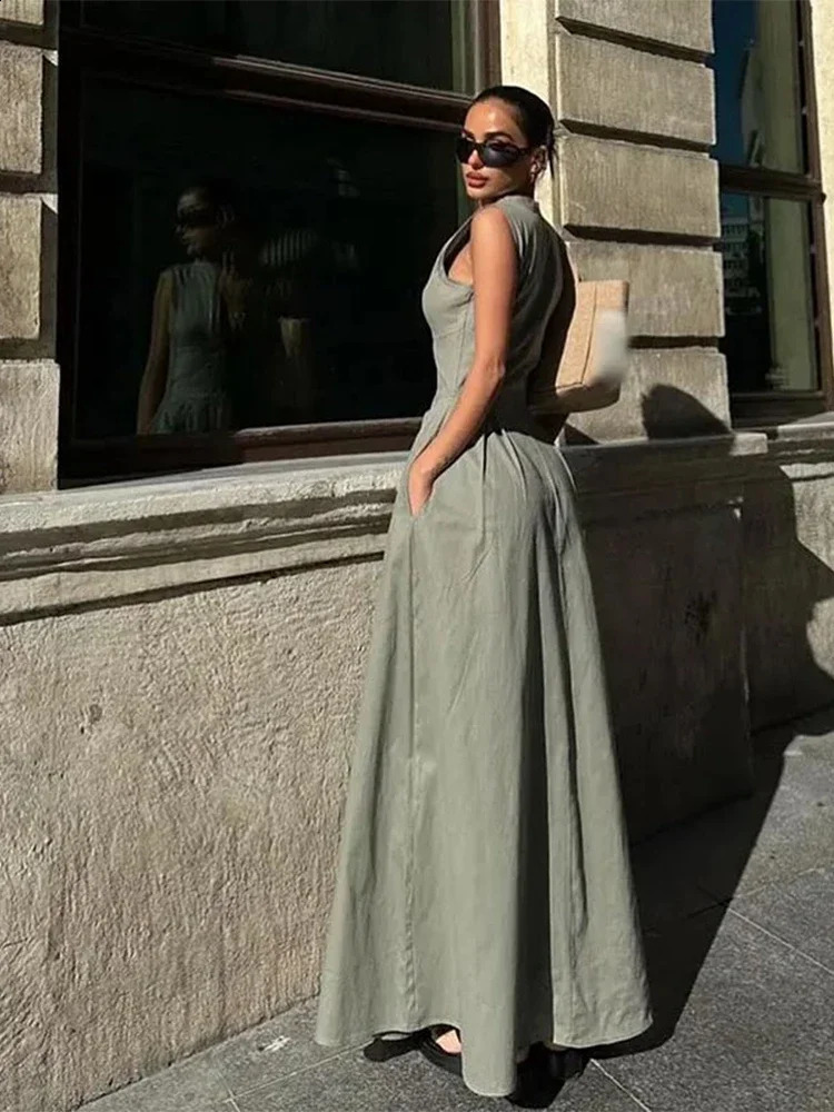 Fashion Sleeveless Spliced Zipper Maxi Dress Elegant V-neck High Waist Slim Pleated Long Dresses Summer Office Lady Street Robes 240816
