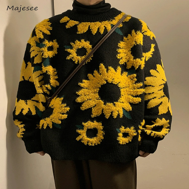 Flocking Floral Sweaters Men Baggy Spring Autumn Japanese Style Retro High Street Harajuku Knitwear Slouchy Ins 240816