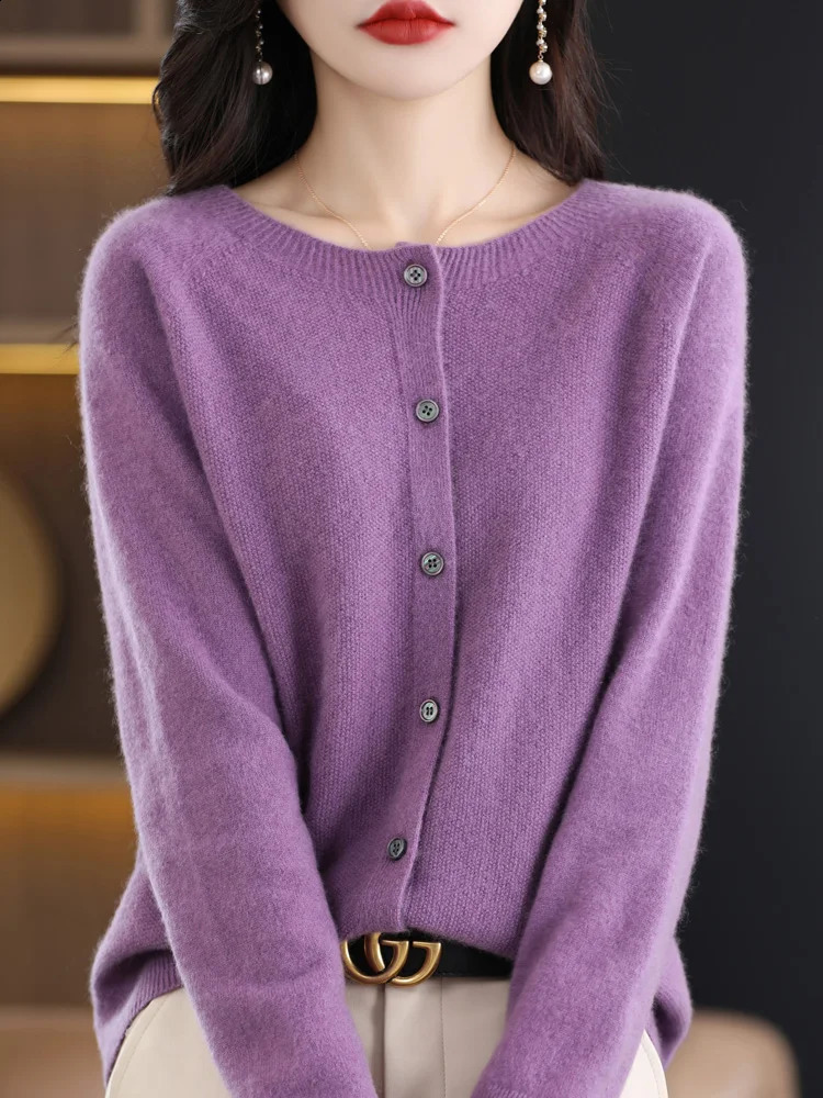 Women O-Neck Cashmere Cardigan 100% Merino Wool Sweater Buttoned Long Sleeve Knitwear For Spring Autumn Solid Basic Top Clothing 240824