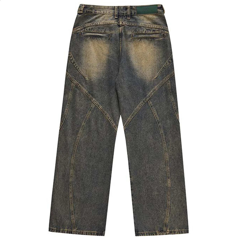 Men Vintage Blue Denim Pants Patchwork Loose Baggy Jeans Retro Straight Jeans Trousers 240816