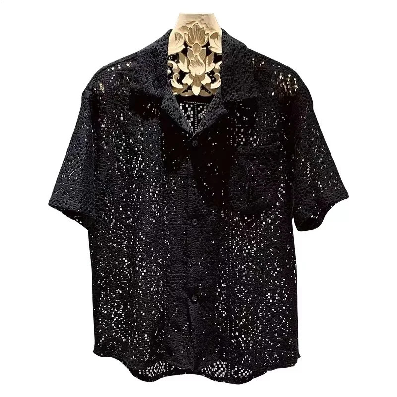 Summer French Hollow Lace Short-sleeved Shirt Mens Thin Simple Retro Minority Ascetic Shirt 240816