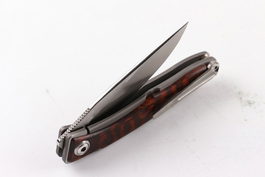 High End Real M390 Steel EDC Pocket Folding Knife Hand made Satin Blade TC4 Titanium Alloy Snakewood Handle with Leather Sheath