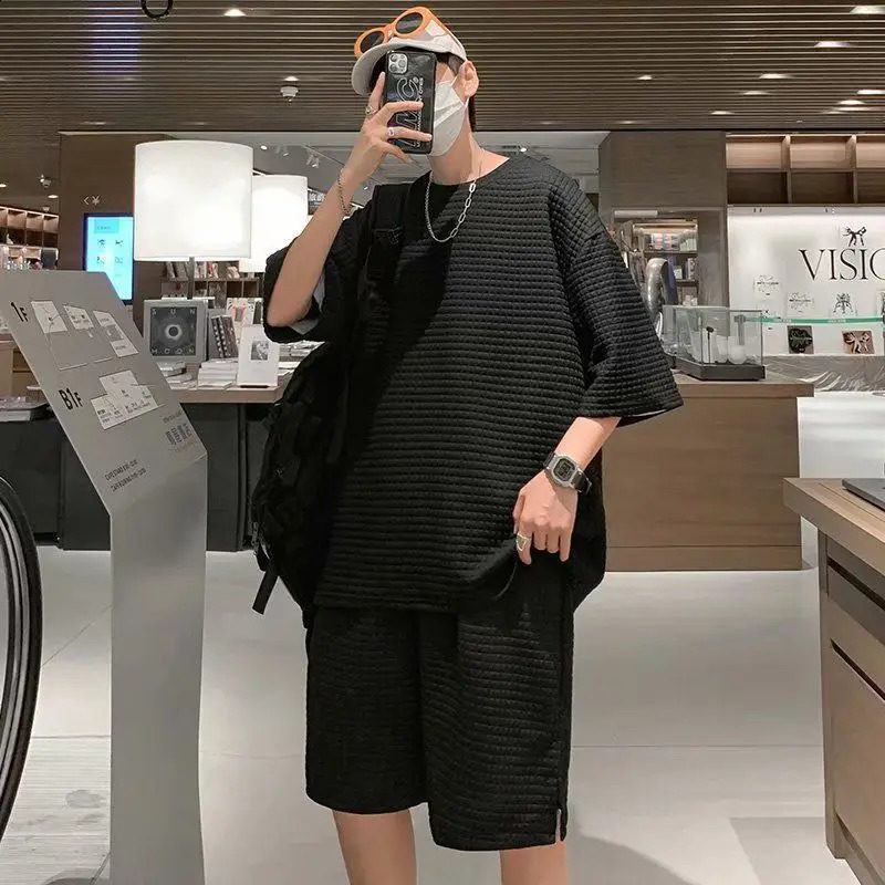 Mens Summer Waffle Two Piece Set Half Sleeve T-shirt Shorts Casual O-neck Hong Kong Style Loose Sports Fashion Suit 3 Colors 240816