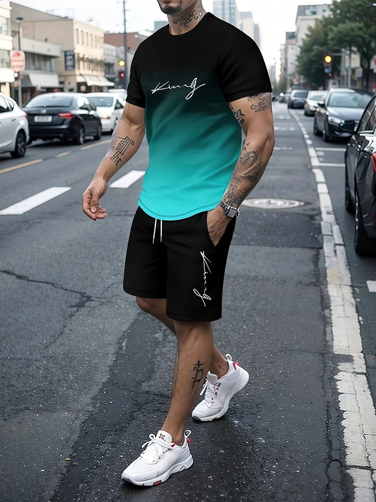 2024 Summer Mens Casual Suit Street Fashion Loose and Comfortable T-Shirt Outdoor Sports Running Shorts Novel Text Printing 240816