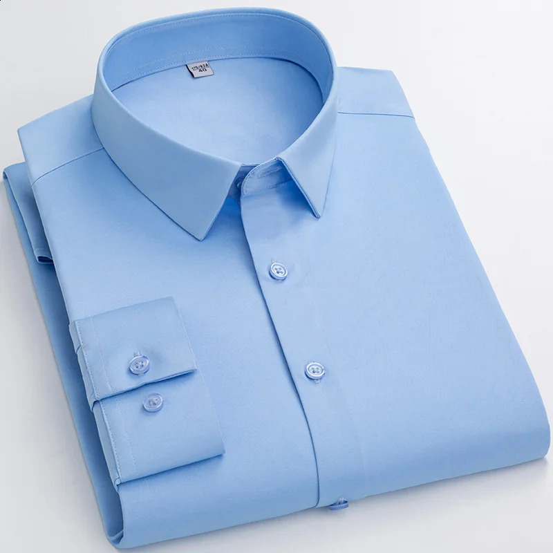 over size solid color long-sleeve shirts for men slim fit formal plain shirt elastic single pocket tops business dress clothes 240816