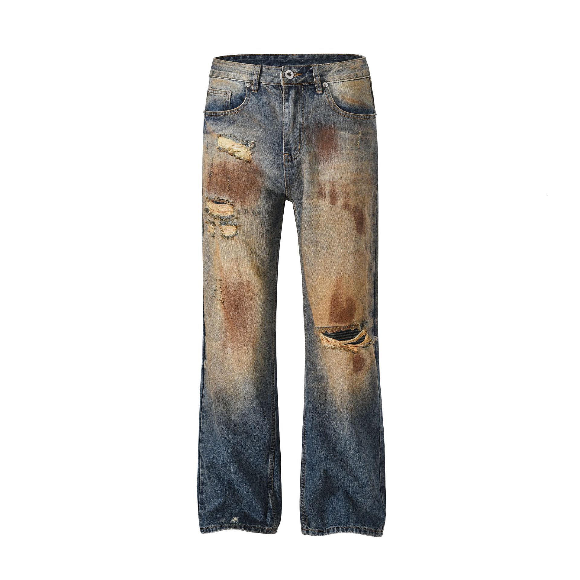 Style Street High Street Heavy Industry Yellow Mud Dyed Hole Distressed Jeans for Both Men and Women