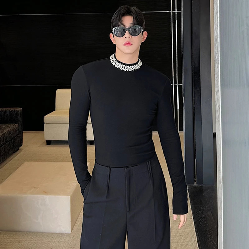 LUZHEN Diamond Decorate Long Sleeve T Shirt Fashion Plain Slim Base Shirt Original Personalized Trendy Mens Tops LZ4789 240819