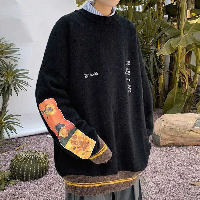 Mens Pullover Printed Van Gogh Embroidered Knitted Sweatshirt Long SleeveW240729
