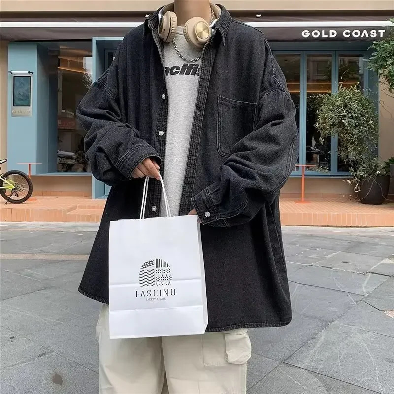 Unisex Denim Long Sleeve Shirt Oversize Autumn Loose Fit Japanese Style Casual Versatile City Jacket For Men Women 240816