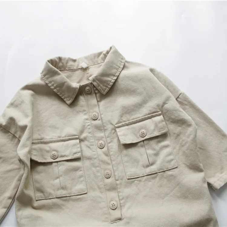 Autumn New Korean Style unisex childrens long sleeved solid color pocket toddler jumpsuit W240806