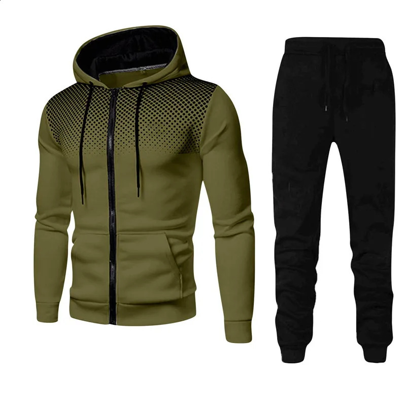 2024 Spring Fashion Wave point Streetwear Zipper HoodiesSweatpant 2pcs Set Mens Tracksuit Casual Jogging Suit Outdoor Set 240816
