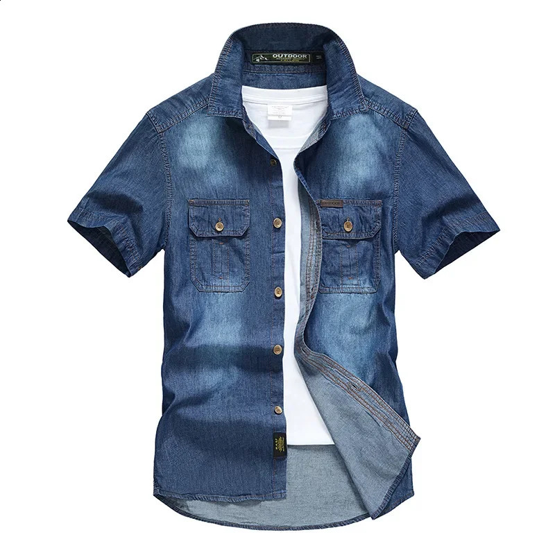 Men Multi pockets Denim Tooling Shirts Summer Short Sleeve Blue Jeans Shirts High Quality Men Cotton Casual Shirts Size 5XL 240816