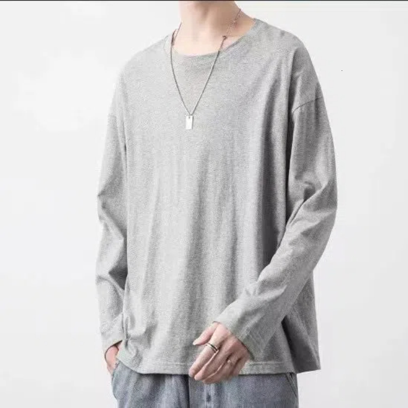 Spring and Autumn Fashion Round Neck Long Sleeve Solid Color Tshirt for Mens Casual Loose Japanese Style Super Thin 240816
