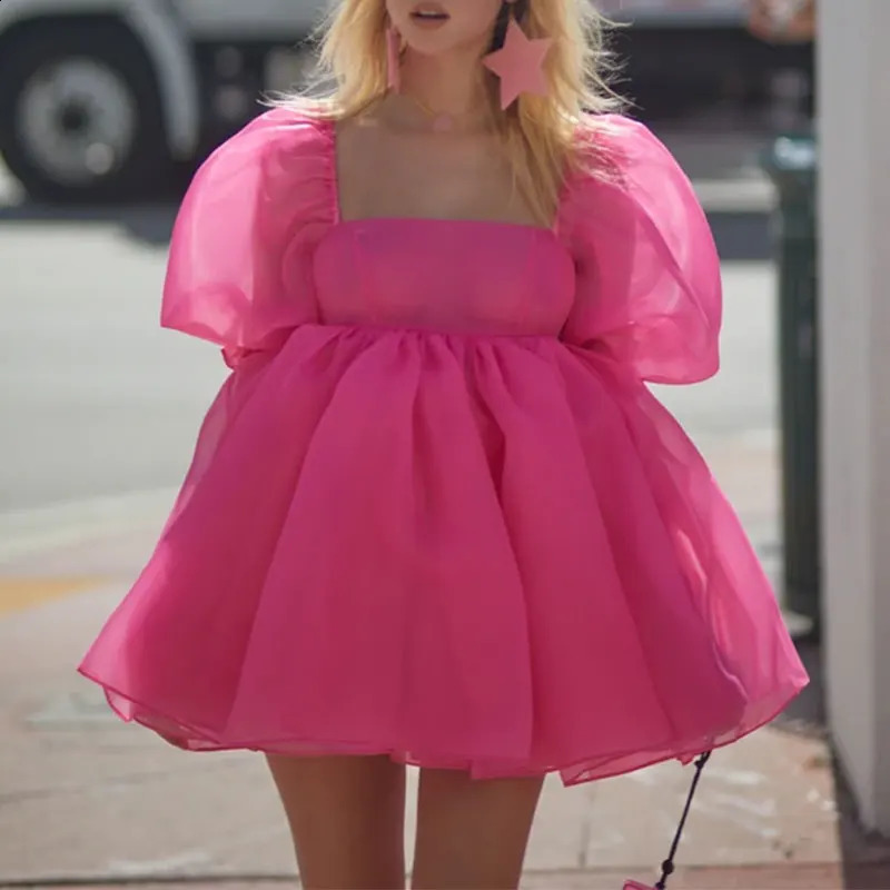 Women Puff Sleeve Tulle Tutu Princess Dress Square Collar Mesh Ruffle Bubble Skirt Wedding Evening Party Prom Mini Fairy Dress 240816