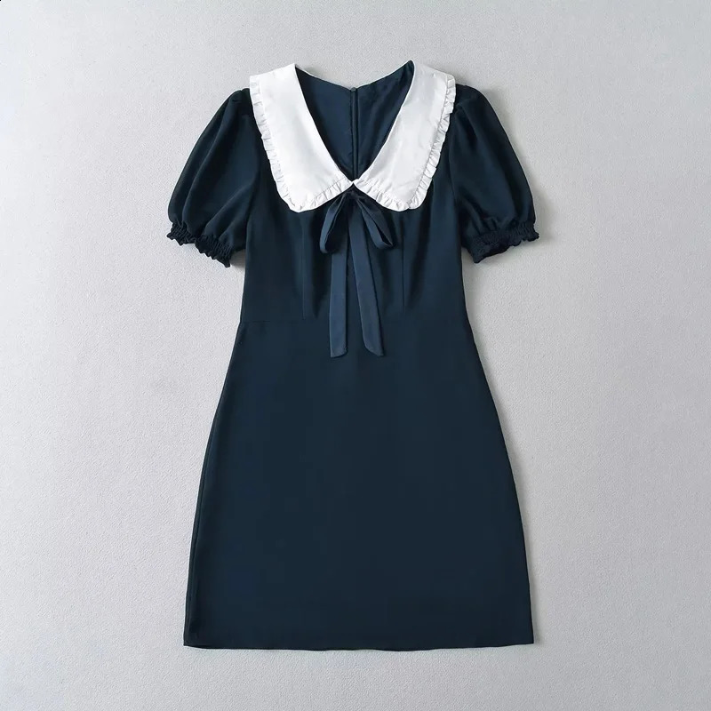 Women Oversized Collar Puff Sleeve Mini Dress With Bow Detail 240819