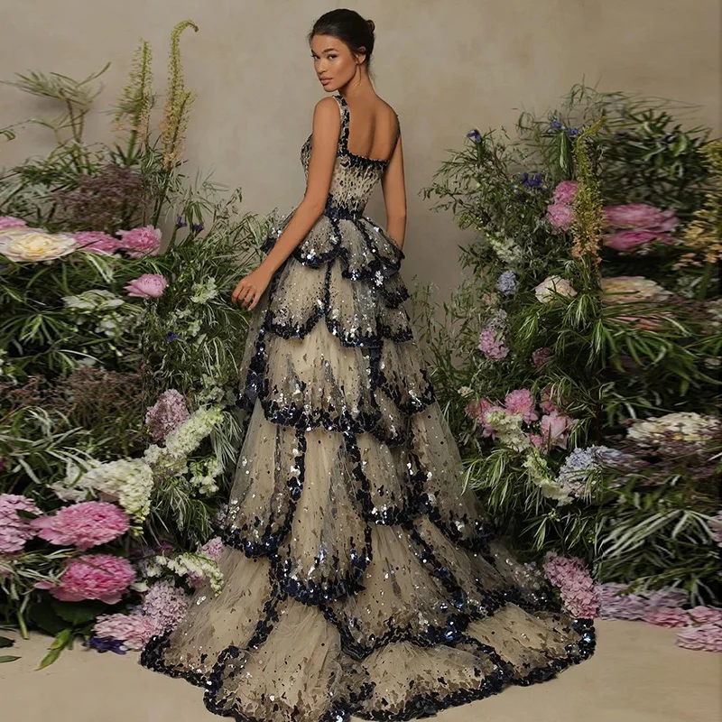 2024 Dubai Evening Dresses Sparkly Square Neck Sequin Tiered Ruffles Prom Birthday Gowns Gala Robe Soiree Vestidos De Feast Custom Made