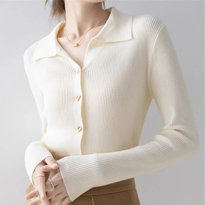 Autumn Womens Sportswear Solid Color Polo Neck Knitted Top Cardigan Wool Sweater Korean Version Long Sleeved Jacket