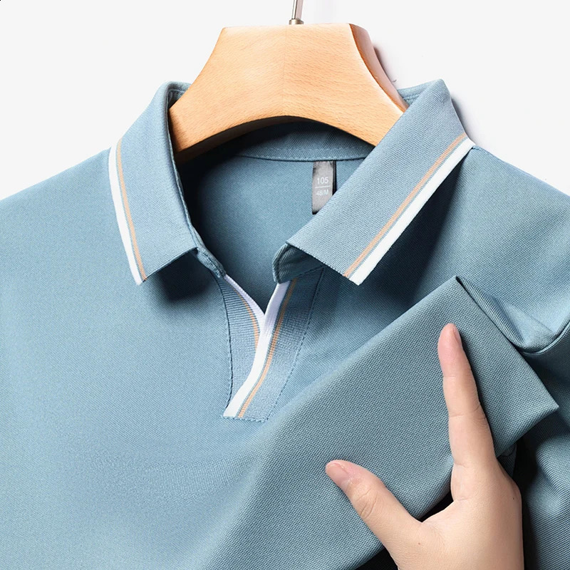 Summer Mens Solid Short Sleeved Striped Lapel Polo Shirt Breathable Comfortable Top V-neck Lightweight Tshirts for Men 240816