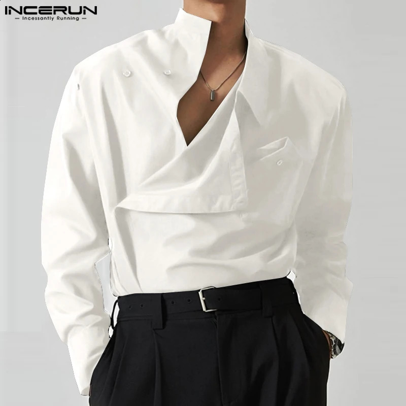 INCERUN Tops Korean Style Mens Diagonal Placket Solid Simple All-match Blouse Fashion Casual Long Sleeved Shirts S-5XL 240816