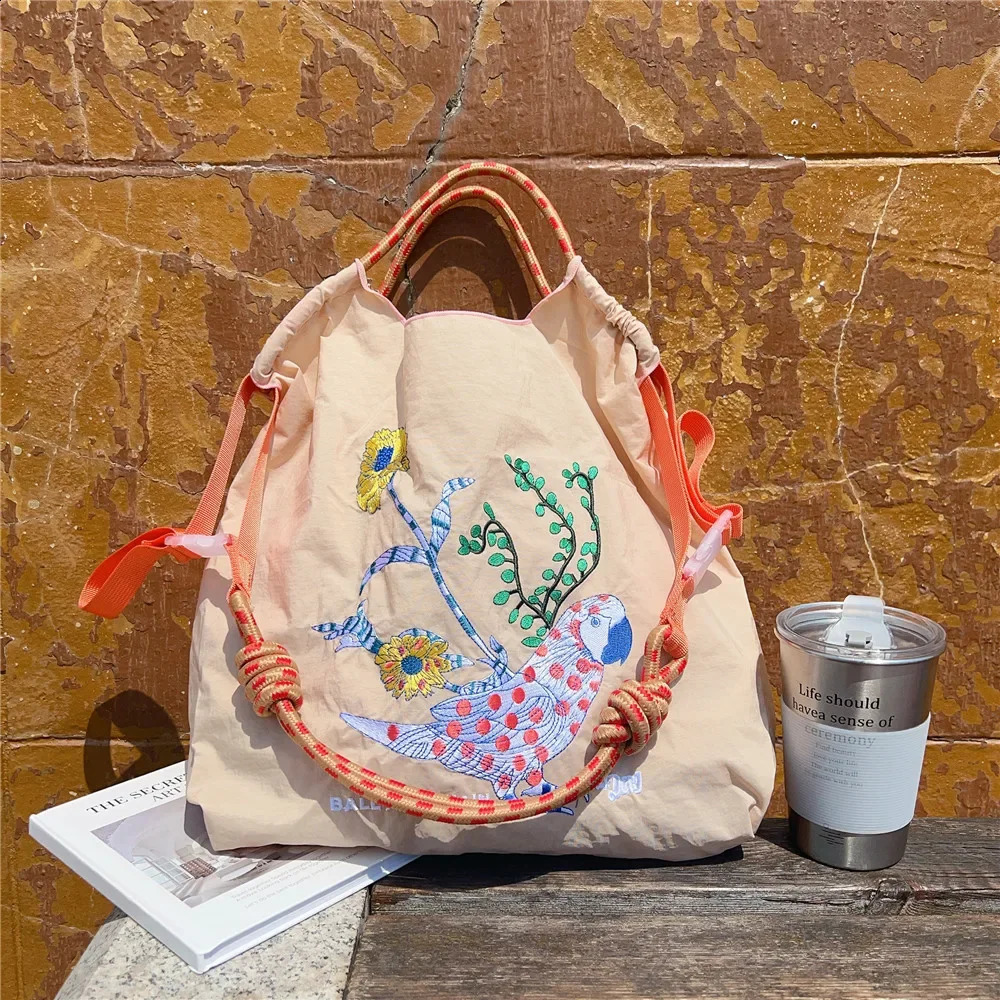 3 Overlarge Embroidery Shoulder er Eco Bags for Women Rope Handle Handbags Drawstring Bag Reusable Shopper Tote 240819 4