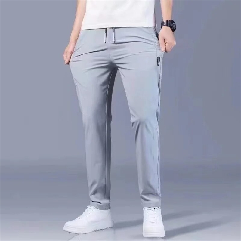 Ice Silk Mens Pants 2024 Summer Black Gray Thin Business Casual Pants Outdoor Elastic Breathable Straight Leg Sweatpants 240816