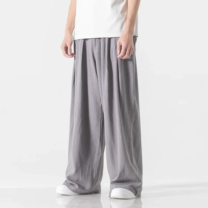 Hanfu Spirit Draped Linen Pants For Men Straight-leg Casual Trousers Chinese Style Loose-fit Ancient Wide-leg Song Trousers 240819