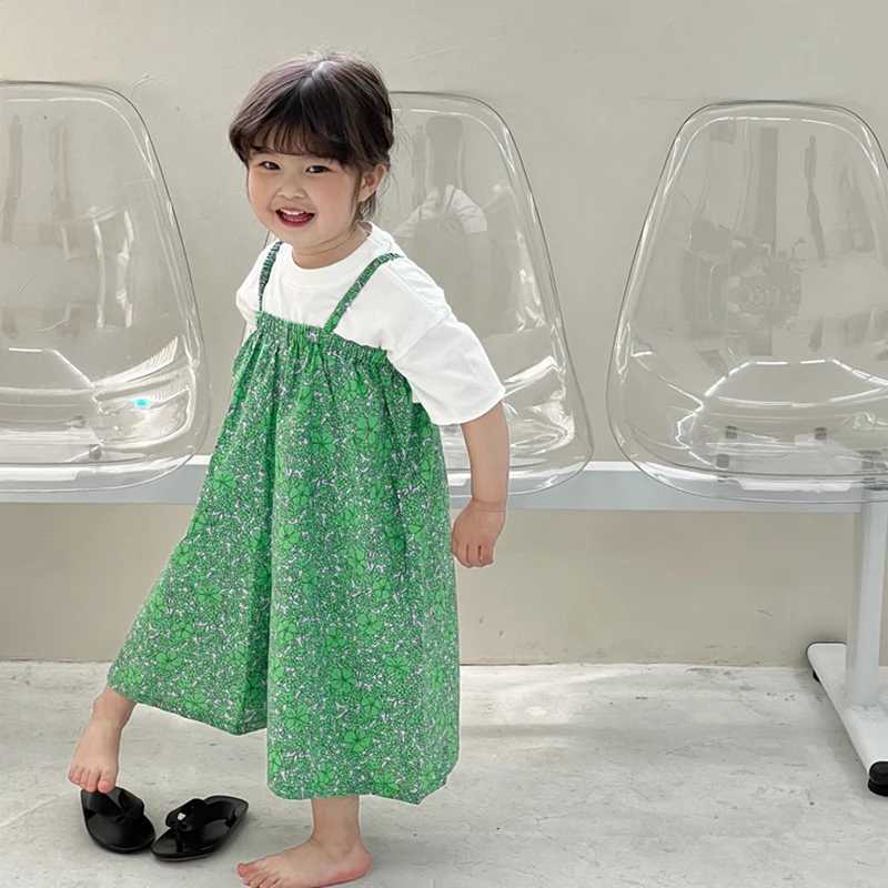 Childrens girl jumpsuit summer floral print baby casual wide leg pants sleeveless beach pendant jumpsuit 3-8Y W240806