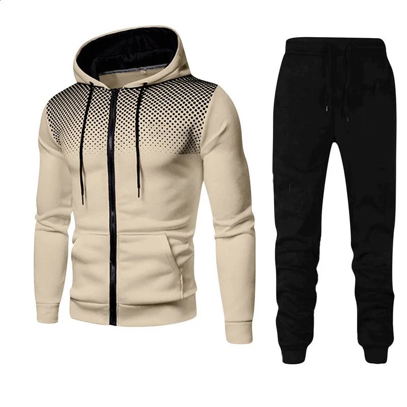 2024 Spring Fashion Wave point Streetwear Zipper HoodiesSweatpant 2pcs Set Mens Tracksuit Casual Jogging Suit Outdoor Set 240816
