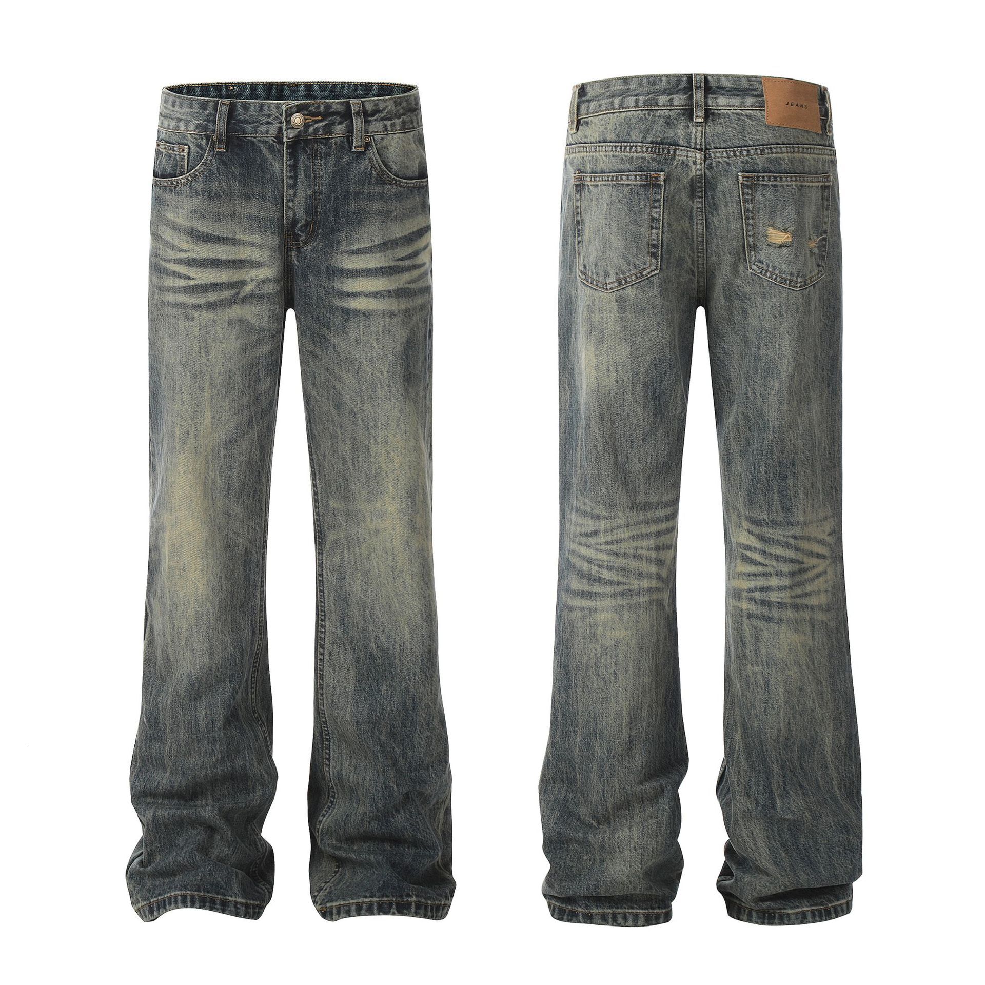 American Street Yellow Mud Washed and Worn Denim Jeans with a Slimming and Sagging Feel for Both Men and Women