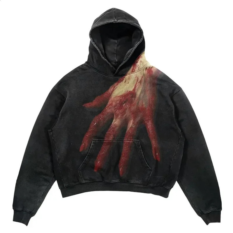 American retro fashion hand pattern printing oversized hoodie mens and womens Harajuku hip-hop Gothic casual sweatshirt 240816