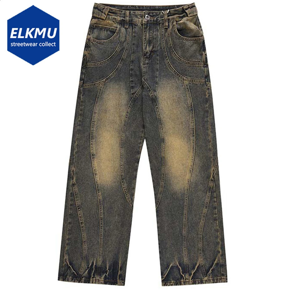 Men Vintage Blue Denim Pants Patchwork Loose Baggy Jeans Retro Straight Jeans Trousers 240816