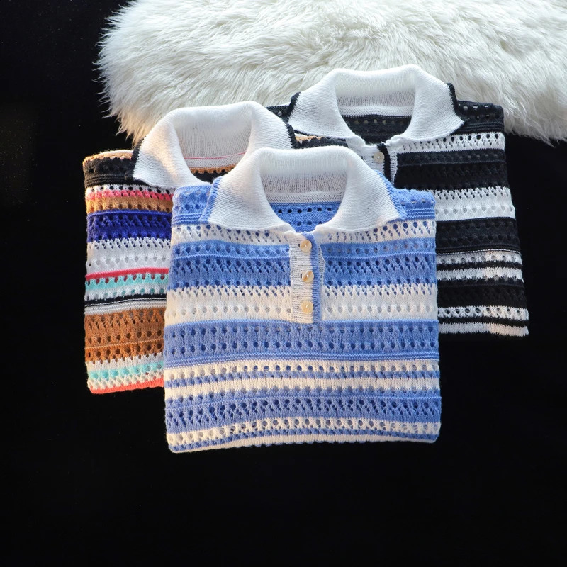 Mens Summer Casual Short Sleeves High Quality Knitted Polo ShirtsMale Slim Fit Hollow Out Plaid Leisure Polo Shirts Tops B47 240816