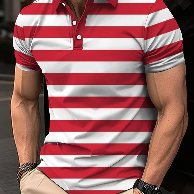 2024 Mens Summer Short Clothes Sleeved Lapel 3D Digital Printed Striped Polo Shirt Mens Business Casual Top Clothes 240816