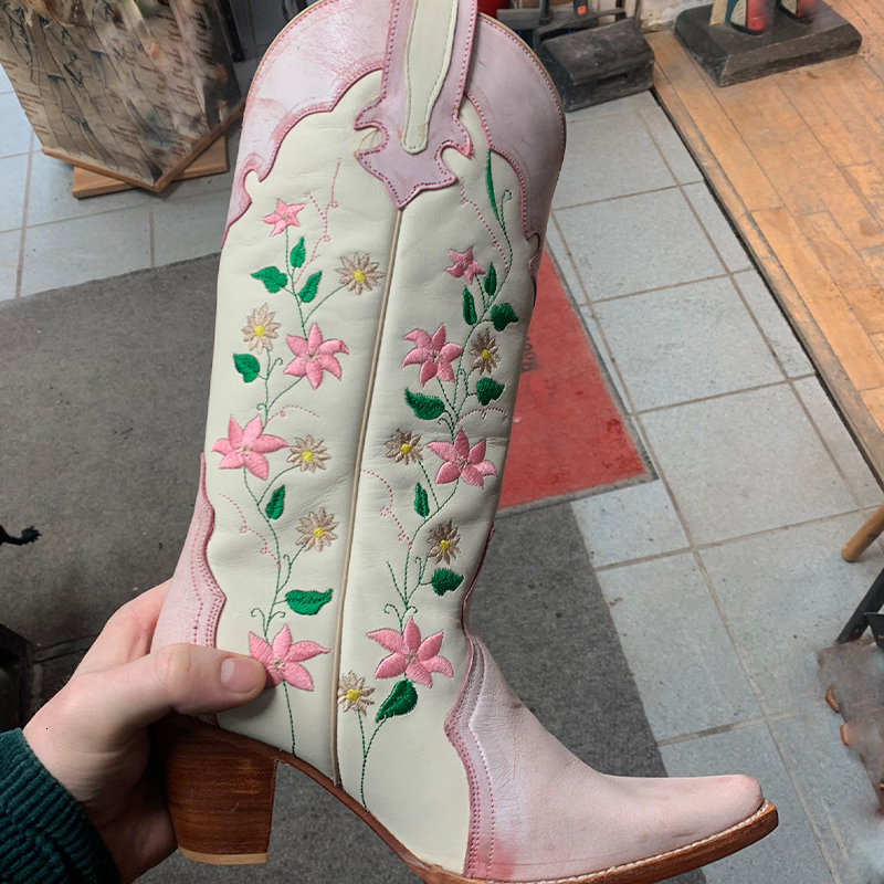IPPEUM Cowgirl Boots Pink Flower Embroidered Knee Shoes For Women Mid Calf Western Botas Cowboy Mujer Fashion