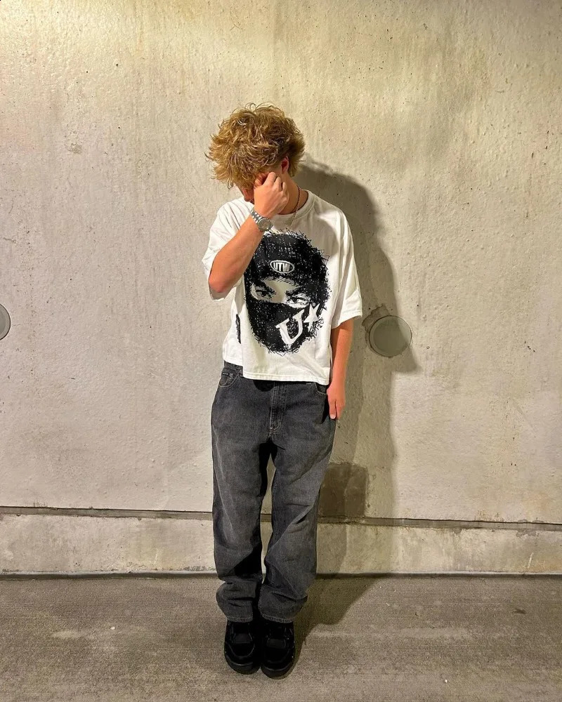 Summer Gothic Trendy Rock Hip-hop T-shirt Men Y2k American Street Retro Anime Print Oversized Short-sleeved Tops Women 240815