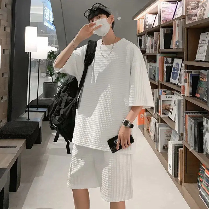 Mens Summer Waffle Two Piece Set Half Sleeve T-shirt Shorts Casual O-neck Hong Kong Style Loose Sports Fashion Suit 3 Colors 240816