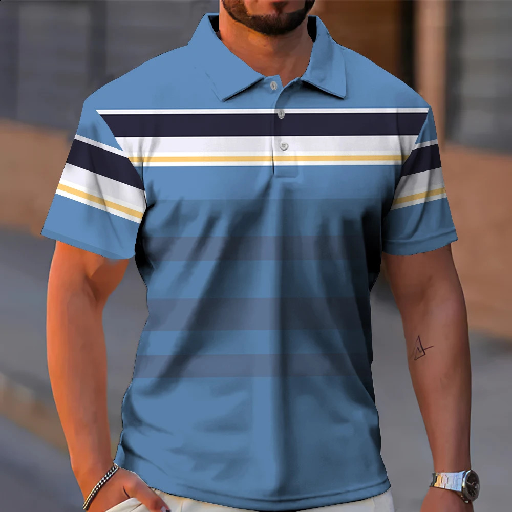 Business Casual Golf Mens Polo Shirts Summer Fashion Short-Sleeve T Shirt Gradient Line Printing Tops Daily Oversized Poloshirt 240816