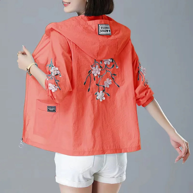 Embroidery Print Hooded Thin Coat Spring Summer Oversize 5xl Loose Jackets Women Casual Sun Protection Outwear Elegant Chaquetas 240819