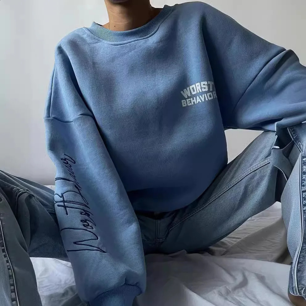 Early Autumn Korean Womens Fashion Letter Printing Round Neck Loose Plus Wool Hoodie 240814