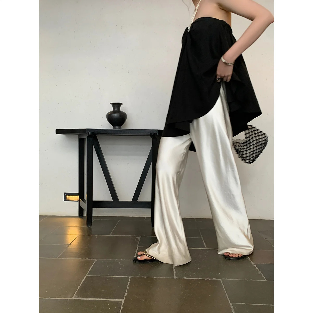 Satin Wide Leg Pants Long Floor Casual Pants Womens Summer 240816
