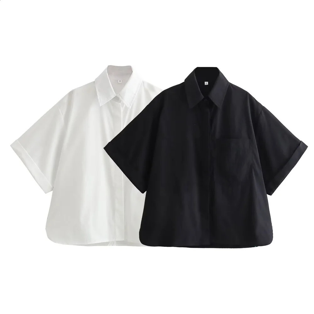 Zach Ailsa Spring Womens Fashion Polo Neck Curly Short Sleeve Pocket Decorative Solid Color Shirt 240814