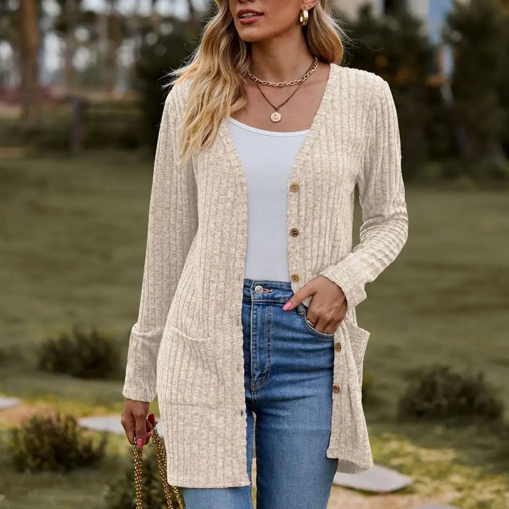 Front Button Pocket Coat Solid Color Cardigan Cozy Knitted Womens Winter Fall Coat Long Sleeve Soft Warm with for Ladies 240816