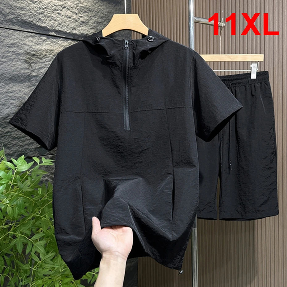 Mens Sets Summer Short Sleeve T-shirts Shorts Plus Size 10XL 11XL Fashion Casual Solid Color Hooded Suits Male Big Size 10XL 240816