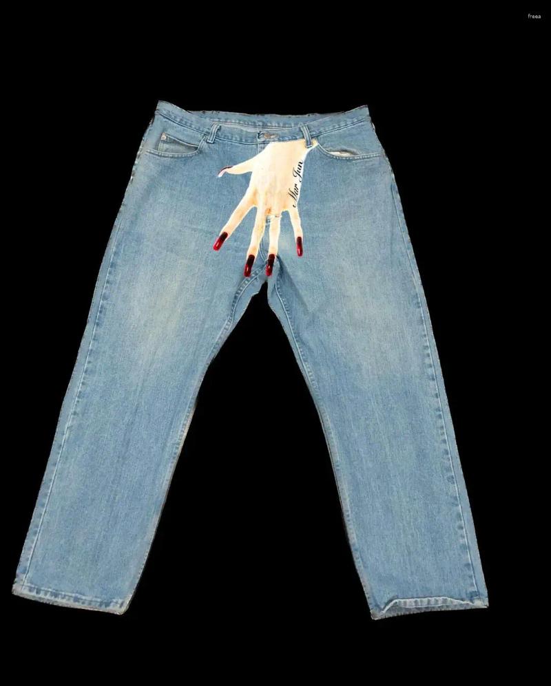 Mens Jeans Hip Hop Hand Print Baggy For Men Vintage Streetwear Slouchy 2000s High Street Y2K Wide Leg Pants Denim Clothing