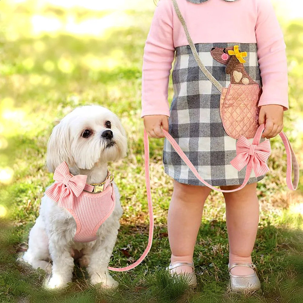 Pink Dog Collar Harness Leash Set Cute Dog Collar Leash WIth Bowtie Soft Harness Vest For Small Medium Dogs Outdoor Walking 240819