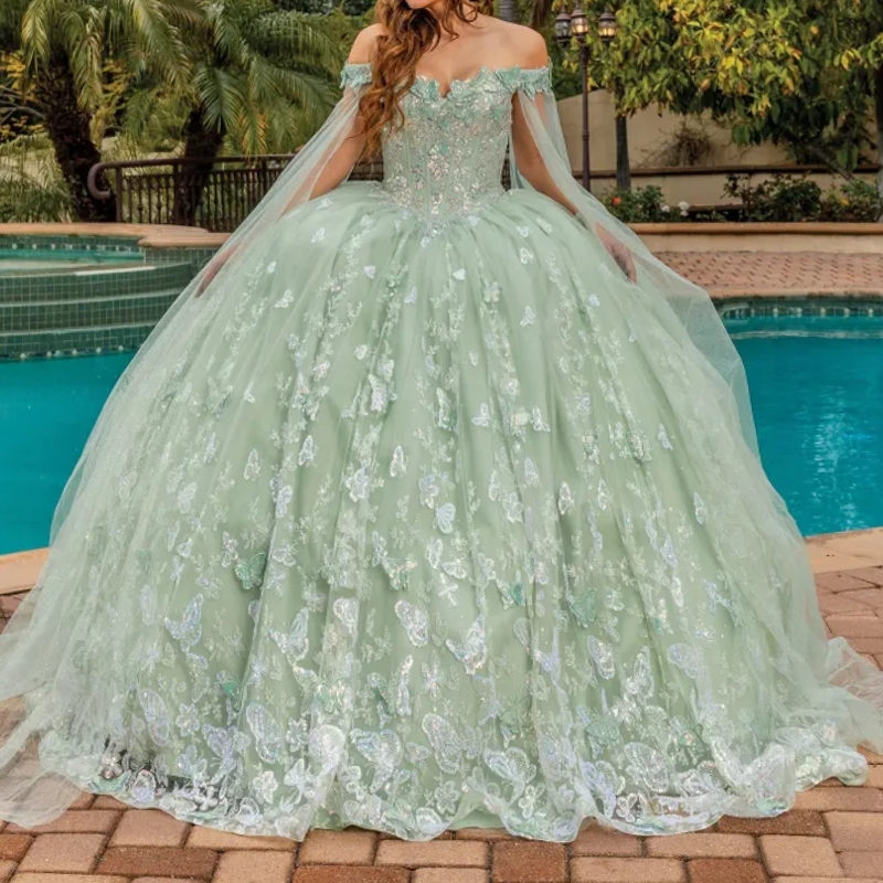 Sage Green Off The Shoulder Princess Quinceanera Dresses Ball Gown Classic Bow Lace Beads Sweet 16 Dress Vestidos 15 De Novia