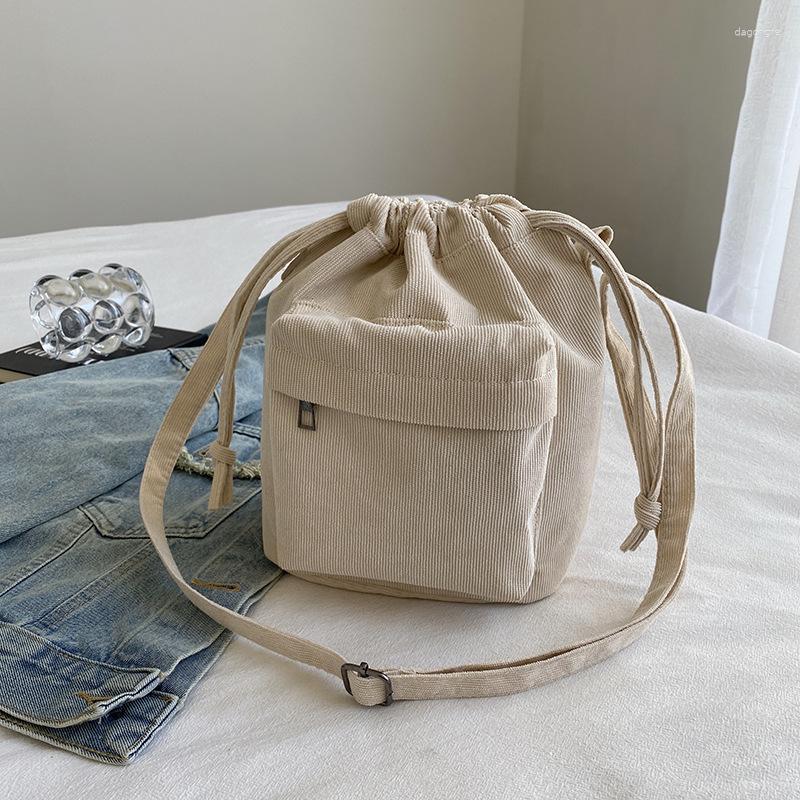 2025 NEW Bag Solid Color Corduroy Simple All-match Drawstring Bucket Retro Shoulder Western Style Messenger For Women zhanyishengli