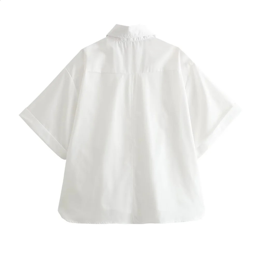 Zach Ailsa Spring Womens Fashion Polo Neck Curly Short Sleeve Pocket Decorative Solid Color Shirt 240814